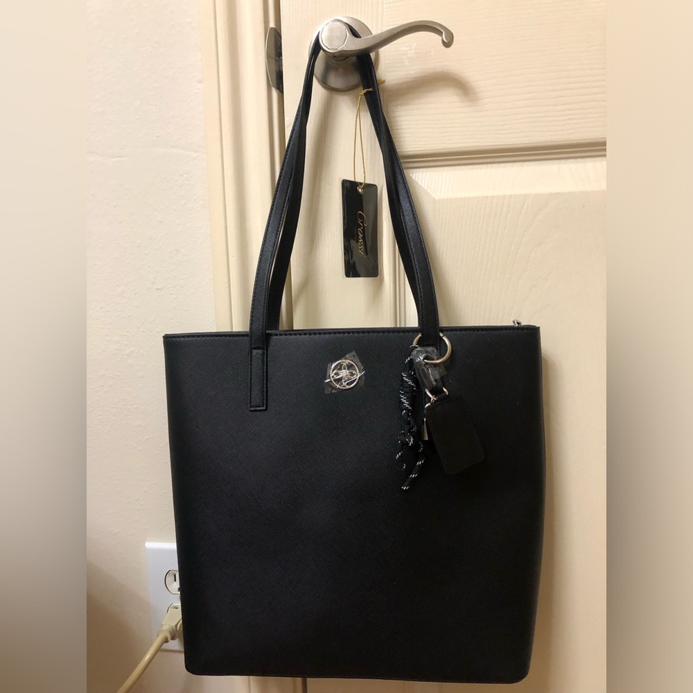 Elegant Black Saffiano Tote with Charm Accent